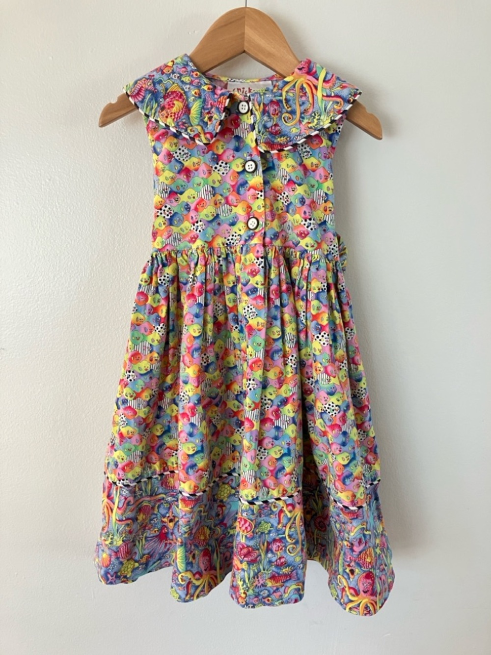 Vintage Chicken Noodle Girls' 5 Fish Print Cotton Dress with Pan Collar USA made
